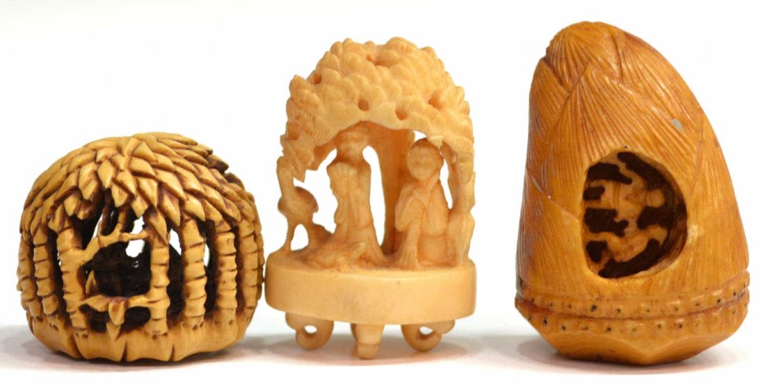 (3) ASIAN CARVED IVORY NETSUKE & CARVINGS: *This lot will not be shipped Internationally* (lot of 3) Asian ivory carvings, 20th c.: (1) two figures beneath the leafy canopy of a tree, on small curved supports, signed Kaigyokusai, 1.75"h; (1) n