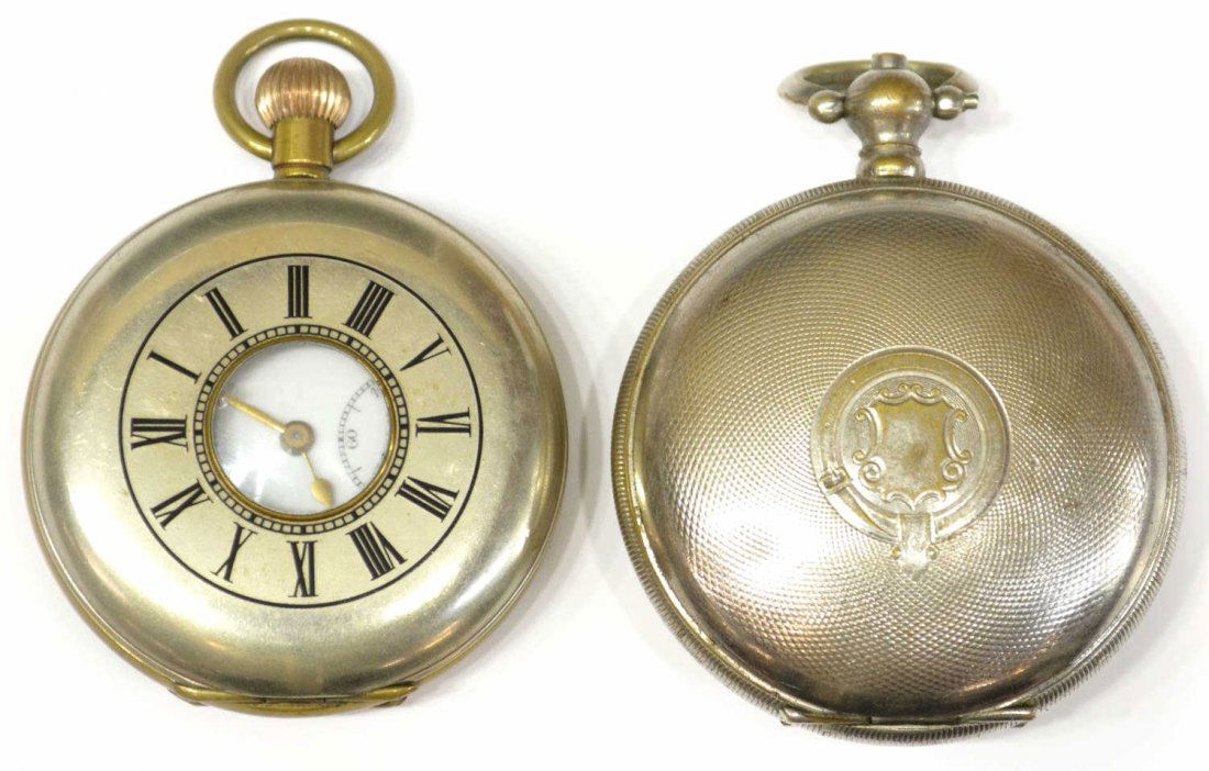 (2) ORIS STERLING POCKET WATCH & REGULATION WATCH: (lot of 2) Swiss hunter cased pocket watches, 19th c., comprising: (1) Oris key wind pocket watch, the porcelain face marked H Rosskopf & Co Patent, above a locomotive, all enclosed with Arabic number