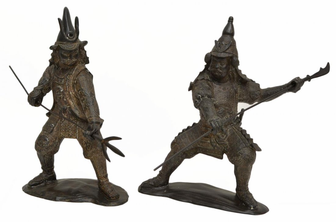 (PAIR) JAPANESE BRONZE WARRIOR FIGURES: (pair) Japanese bronze warrior figures, each in elaborate armor and brandishing a weapon, largest: 22"h, 13"l, 66lbs total Start Price: $300.00