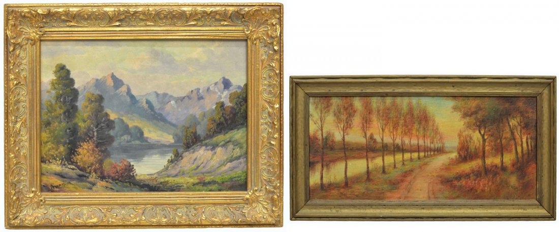 (2) CALIFORNIA PAINTING BY DEWITT & TREED ROAD: (lot of 2) Framed landscape paintings on canvas, comprising: (1) California Mountainscape, signed lower left DeWitt (Robert Martin DeWitt, California, 1912-1964), sight: 11.5"h, 15.5"w, overall: 17"h,