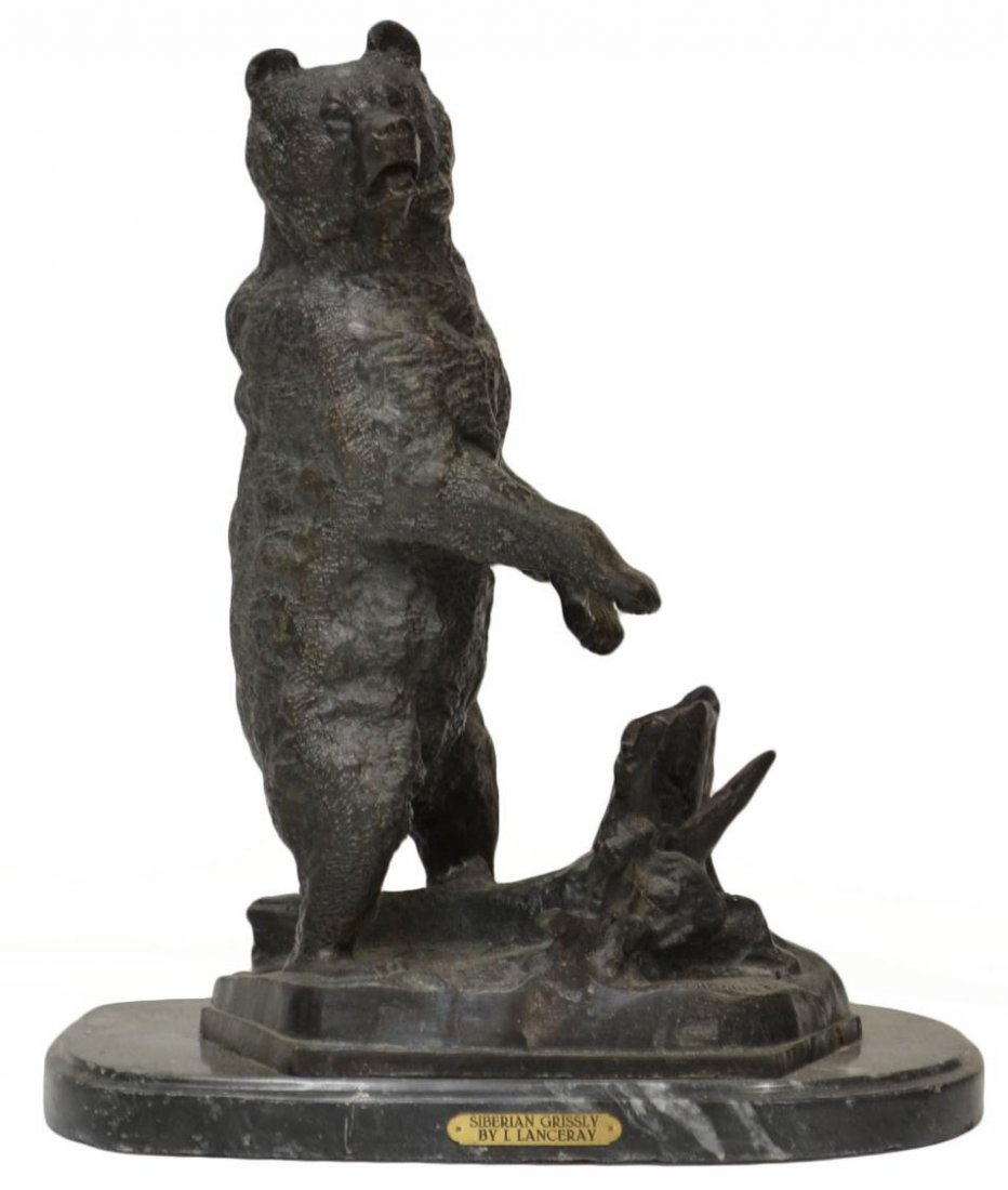 LARGE BRONZE, SIBERIAN GRIZZLY BEAR: Large patinated bronze sculpture, a rearing Siberian Grizzly, modeled after the original by Nikolai Ivanovich Lieberich (Russian, 1828-1883), on a marble base with roughness, slight roughness/chips to