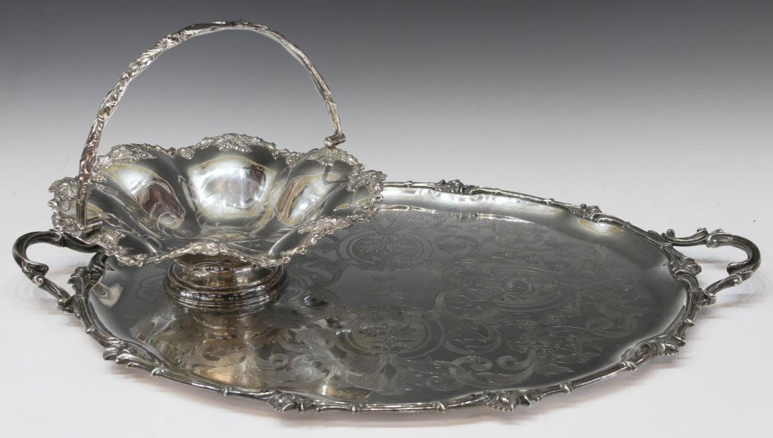 (2) LARGE CHRISTOFLE SILVERPLATE SERVICE TRAY 1863: (lot of 2) A large Christofle service tray, the face engraved with scrolling foliates, centering incised monograms and dated June 3d 1863, numbered '39063' and '100' verso, 26.25"w, 18.5"d; (1) handle