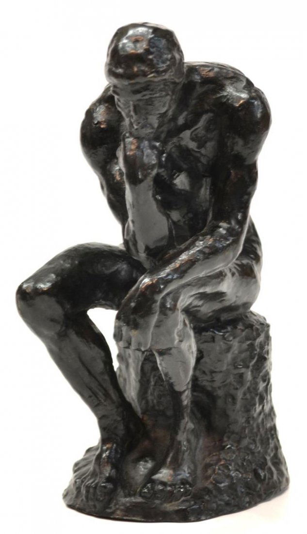 PATINATED BRONZE, THE THINKER, AFTER AUGUSTE RODIN: Bronze sculpture,'The Thinker', after Auguste Rodin (French, 1840-1917), in a black patina, 9"h, 5.5lbs Start Price: $50.00