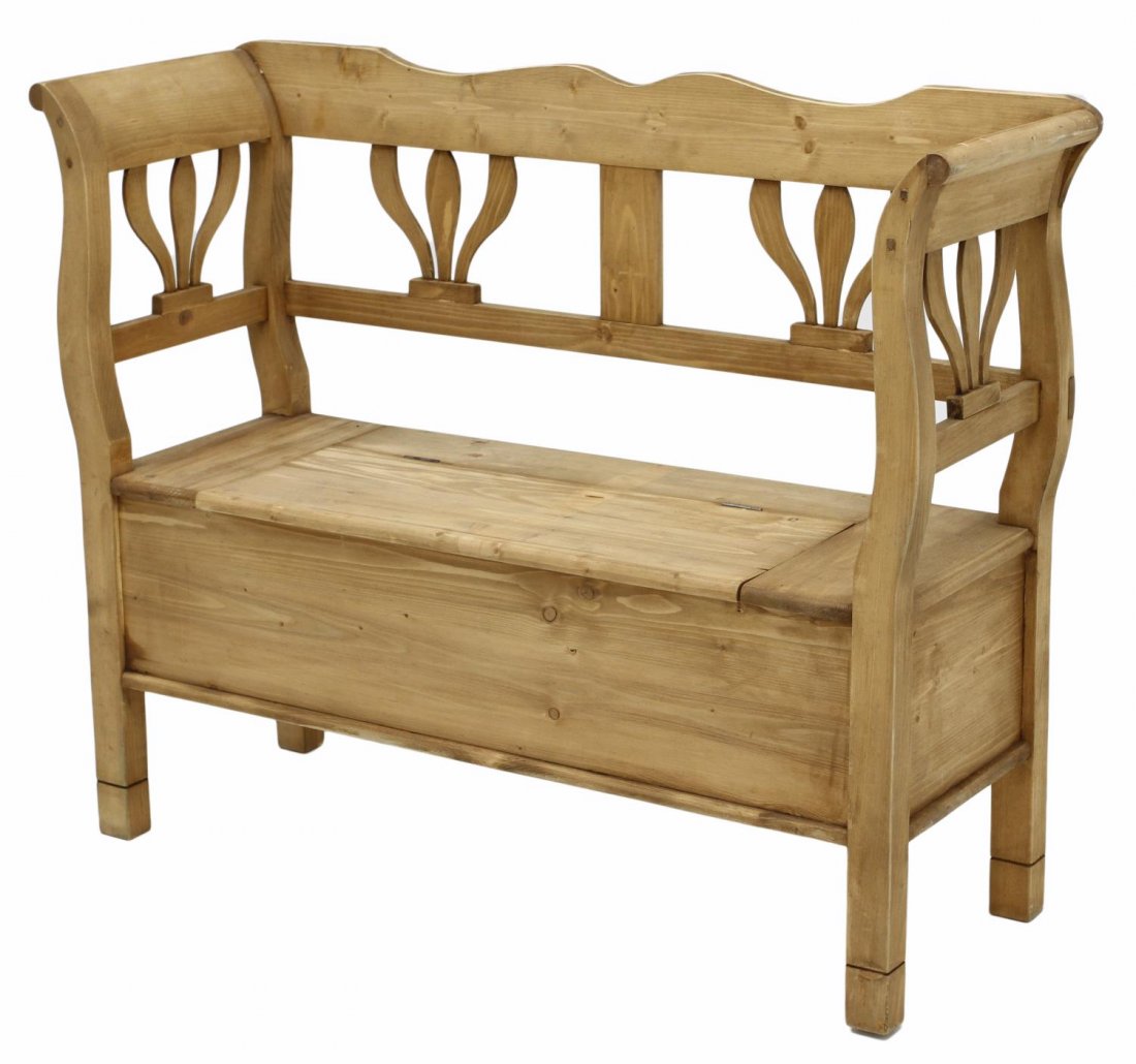 DANISH PINE SETTLE OR BENCH: Danish pine bench or settle, 20th c., shaped and open back rail with curved side rails, the seat with a hinged door opening to storage, block legs and feet, 37.75"h, 47"w, 16"d Start Price: $150.00