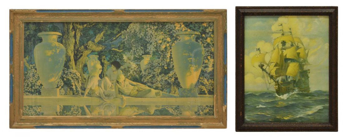 (2) PRINTS, AFTER MAXFIELD PARRISH & NEAGLE: (lot of 2) Framed prints on paper, comprising: (1) Ship at Sea, print signed lower right Charles Fisher Neagle, Edward Gross Co. copyright lower left, sight: 16.25"h, 13.5"w, overall: 19.25"h, 16.25"w