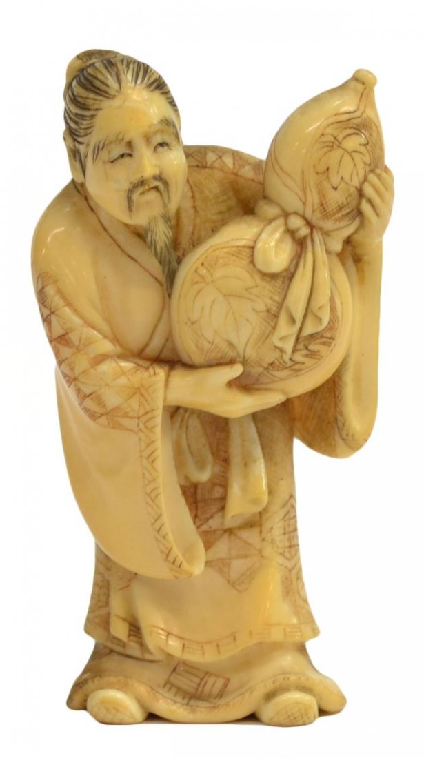 JAPANESE-STYLE CARVED IVORY NETSUKE: *This lot will not be shipped Internationally*Japanese-style ivory netsuke of a sage standing with a gigantic drinking gourd, signed Gyokusho, loss at base as pictured, 3.25”h, .25lbs Start Price: $