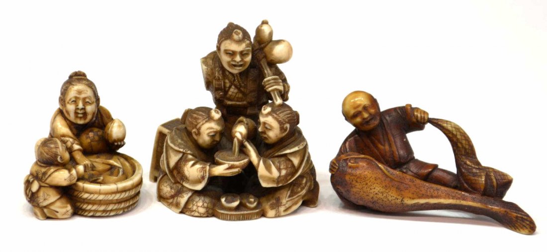 (3) ASIAN FIGURAL CARVED IVORY NETSUKE: *This lot will not be shipped Internationally* (lot of 3) Asian carved ivory netsuke: (1) three men, signed, 2"h; (1) man and child, signed, 1.25"w; (1) man with fish, 2.5"l; .25lb total Start Price: 