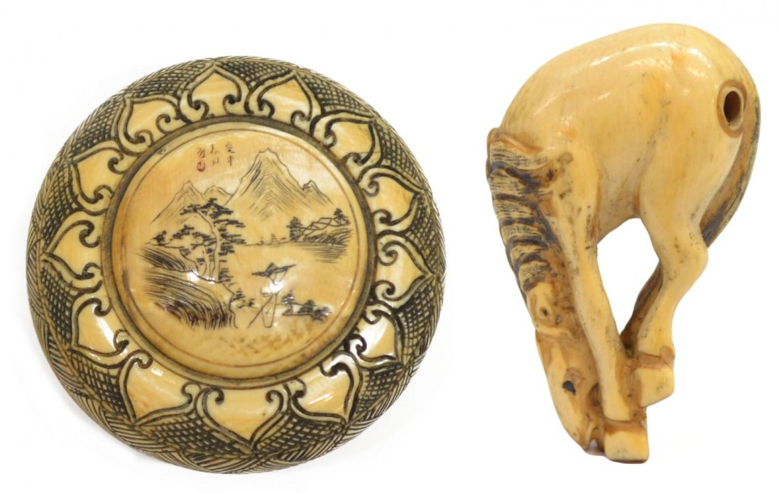 (2) JAPANESE IVORY HORSE NETSUKE & LIDDED BOX: **International Shipping Is Not Available On This Lot** (lot of 2) Collection of Asian items, comprising: (1) Chinese carved ivory box, central figural landscape scene surrounded by ruyi heads and geo