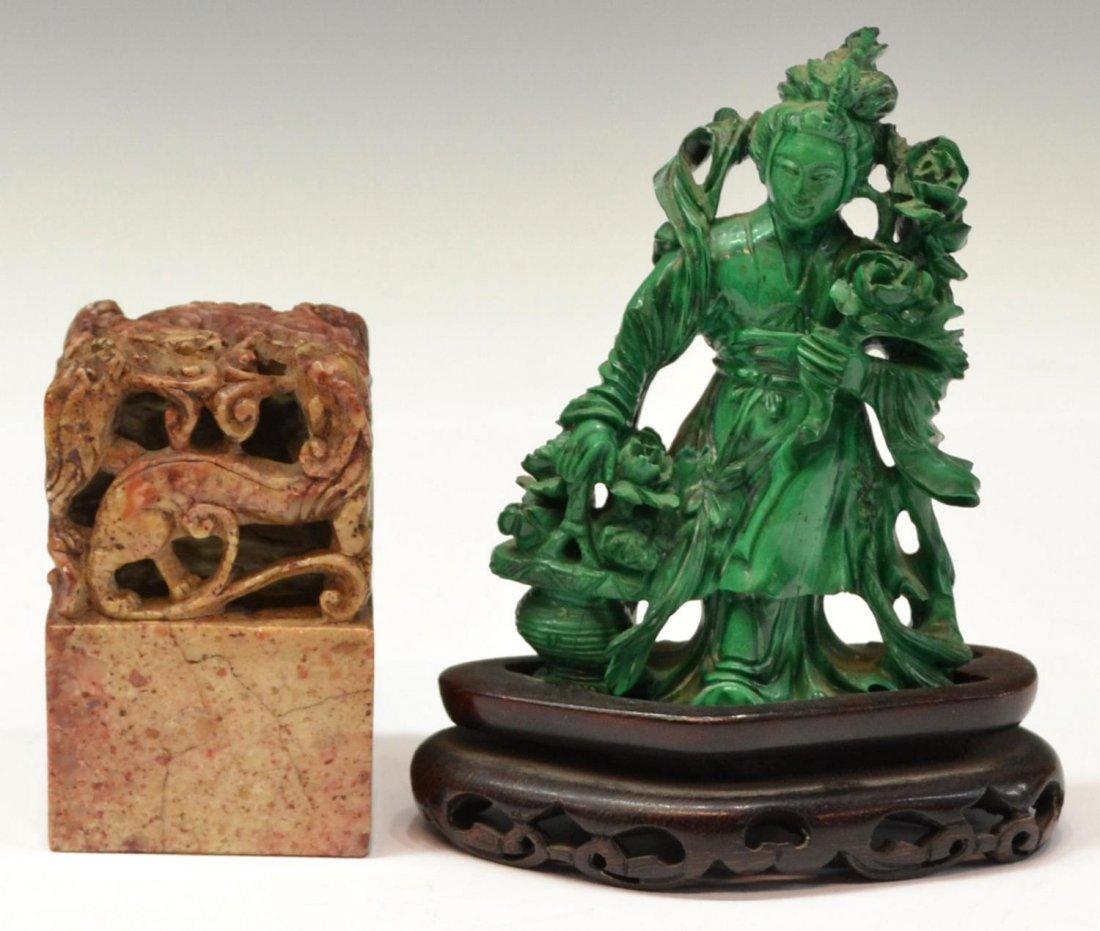 (2) CHINESE MALACHITE BEAUTY & SOAPSTONE SEAL: (lot of 2) Chinese stone carvings: (1) malachite figure of a robed beauty and flowers, on wood base, slight chips, figure: 4.5"h, 3"w; (1) soapstone chop, pierce carved dragons amid cloud scroll surmo