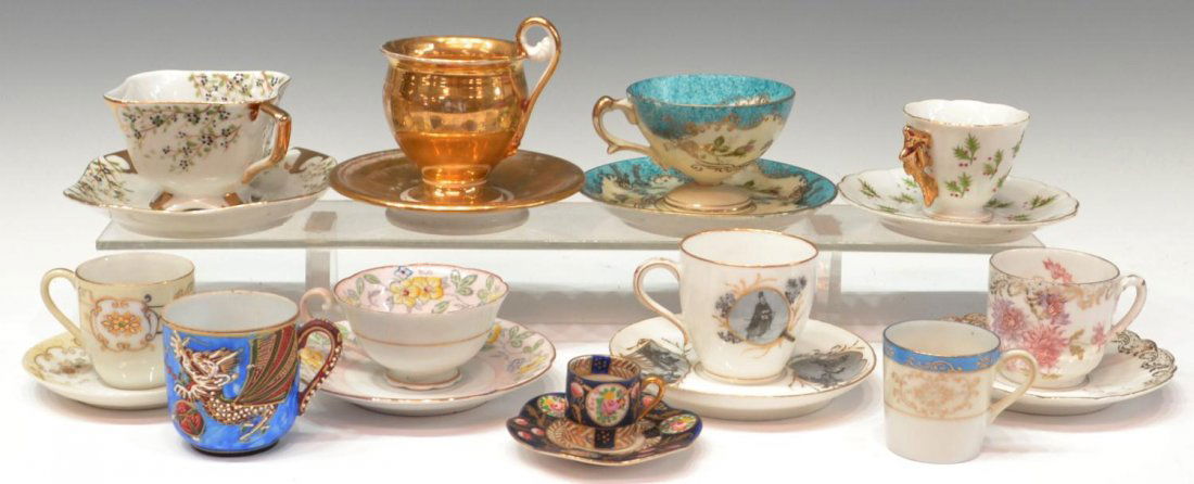 (20) JAPANESE CUPS & SAUCER, SAJI, DIAMOND, ETC.: (lot of 20) Collection of Japanese and other porcelain cups and saucers, highlights include: (2) Saji Fancy China, Occupied Japan, footed teacup and saucer, rose buds among scrolled foliates, (1) demi
