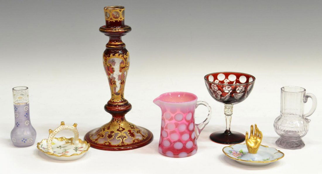 (7) BOHEMIAN CANDLESTICK & GOBLET & OTHER ITEMS: (lot of 7) Collection of glass and porcelain cabinet items, comprising: (1) Bohemian ruby to clear candlestick, raised gilded accents, enclosing colorless acid etched scrolled designs, some roughness