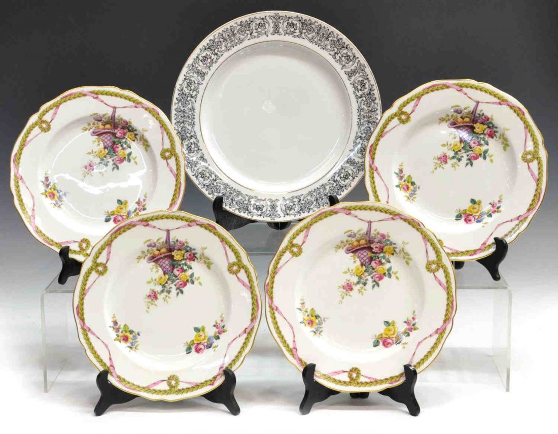 (5) SPODE COPELANDS CHINA PORCELAIN DINNER PLATES: (lot of 5) Group of porcelain table items, comprising: (4) Spode Copelands China, England, retailed by Ovington Brothers dinner plates, scrolled garland intertwined with pink ribbon, centering a baske