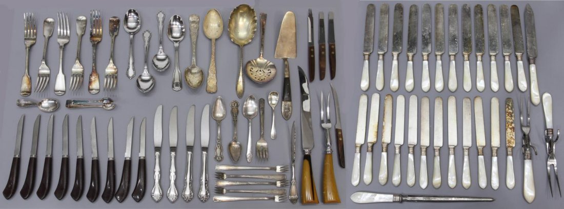 COLLECTION OF SILVER PLATE SERVICE & FLATWARE: **This lot will not be shipped Internationally**(lot) Huge collection of silverplate serviceware, examples include: Towle mother-of-pearl handled knives and carving set with (12) dinner knives, 9"l, (