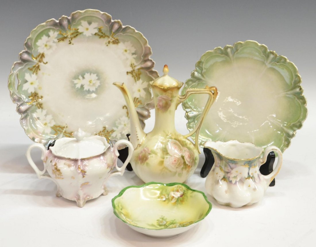 (6) RS PRUSSIA PORCELAIN DISHES & TEA SERVICE: (lot of 6) Collection of Reinhold Schlegelmilch, Prussia, tableware and serviceware, comprising: (1) handled tea pot, floral motif, gilt accents, 7.5"h; (1) handled green to white creamer, floral moti