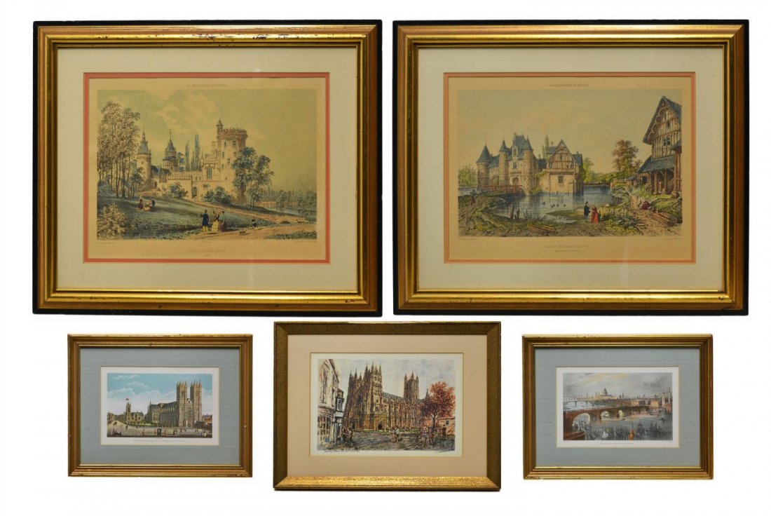 (5) FRAMED EUROPEAN SCENIC VIEW PRINT COLLECTION: (lot of 5) Framed European scenic view prints, comprisng: (1) "Chateau de St. Germain-De-Livet", from La Normandie Illusttree, Edit Nantes, Felix Benoist, sight: 10"h, 13.25"w, overall: 16.5"h, 19.75"