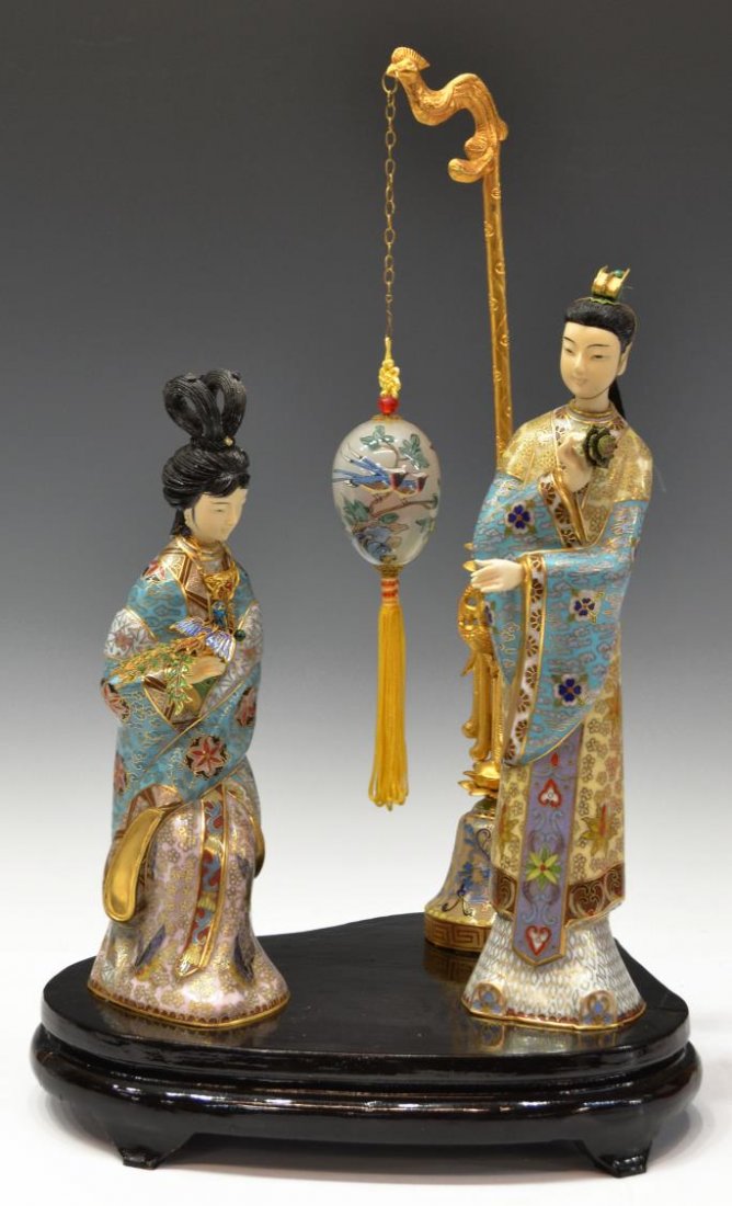 CHINESE CLOISONNE ENAMEL FIGURAL GROUP: Chinese figural group, mixed materials, cloisonne enamel, painted glass egg, gilt metal, two beauties, mounted upon a wood base, 19"h, 11.5"w, 9.;25"d, 4.5lbs