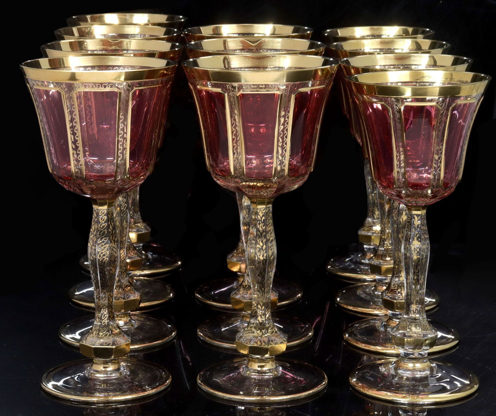 (11) VENETIAN SALVADORI MOSER-STYLE CRANBERRY CABOCHON WINE GLASSES