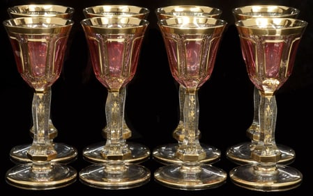 (8) VENETIAN SALVADORI MOSER-STYLE CRANBERRY CABOCHON CORDIAL GLASSES