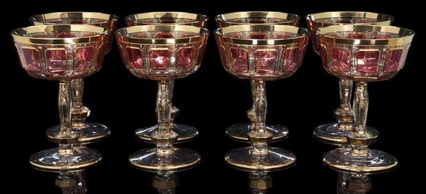 (8)  VENETIAN SALVADORI MOSER-STYLE CRANBERRY CABOCHON CHAMPAGNE GLASSES