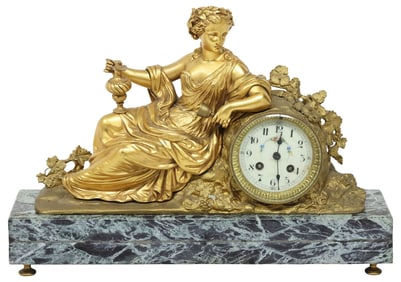 FRENCH GILT METAL & MARBLE FIGURAL MANTLE CLOCK