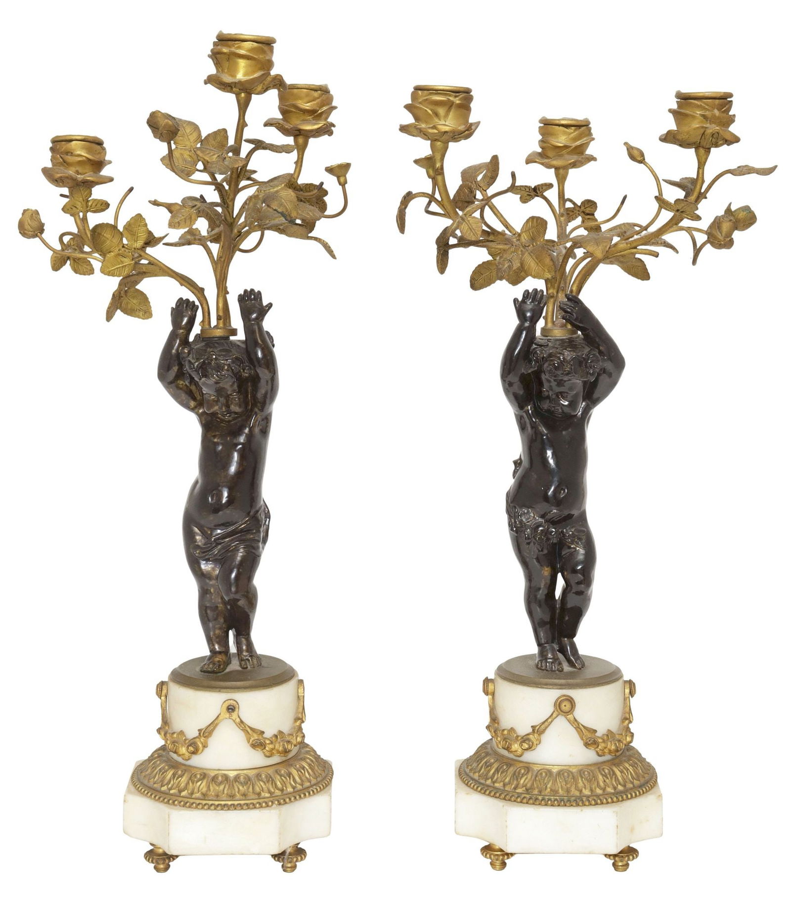 (2) FRENCH BRONZE & MARBLE FIGURAL PUTTI 3-LT CANDELABRA, 17"H (1 of 6)