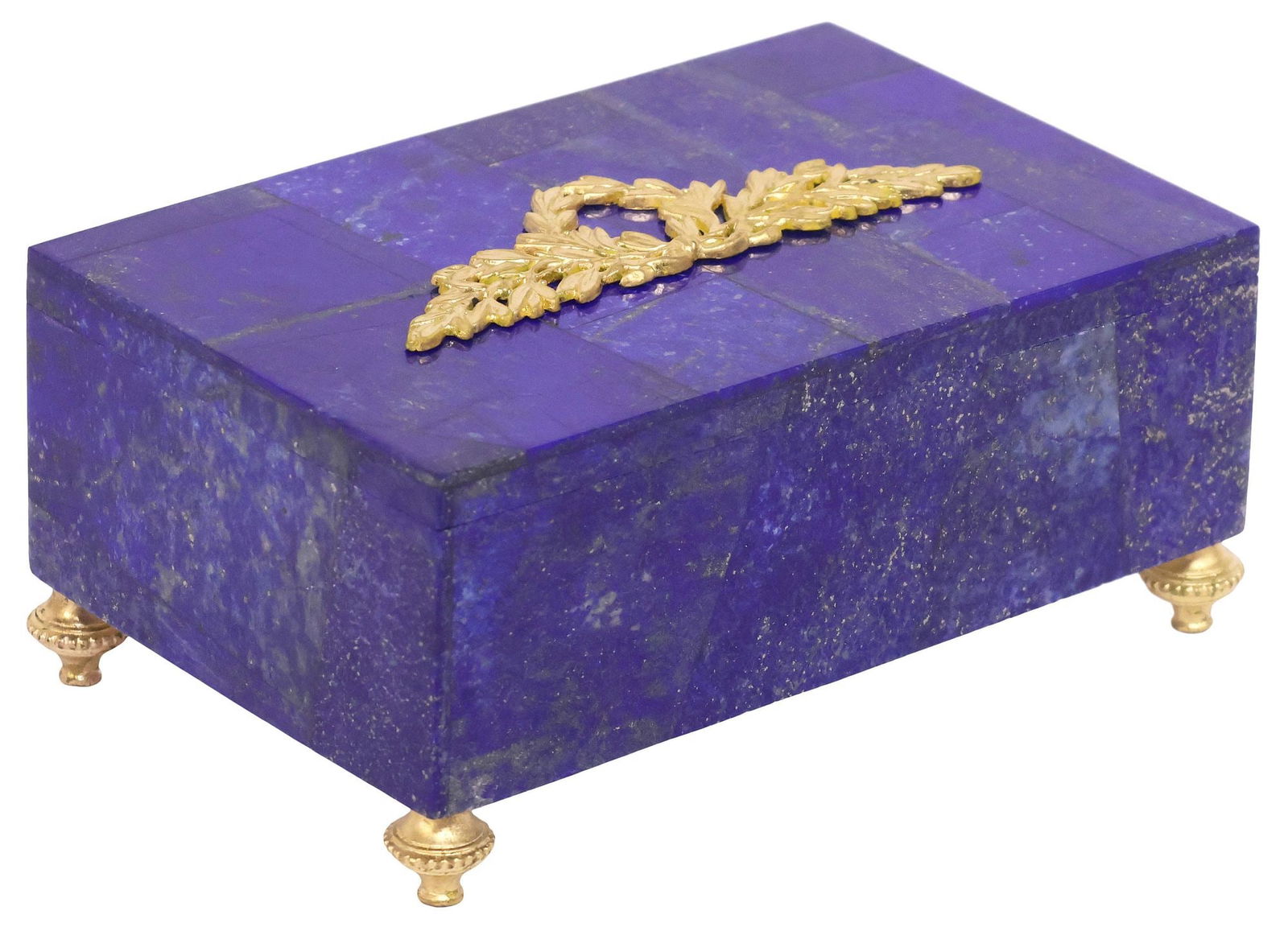EMPIRE STYLE ORMOLU-MOUNTED LAPIS LAZULI TABLE BOX: Empire style table box, 20th c., of rectangular form, the exterior tiled with lapis lazuli, lift-off cover centered by a gilt-bronze laurel wreath, on four turned feet, approx 2.75"h, 6"w, 4"d, 2lbs