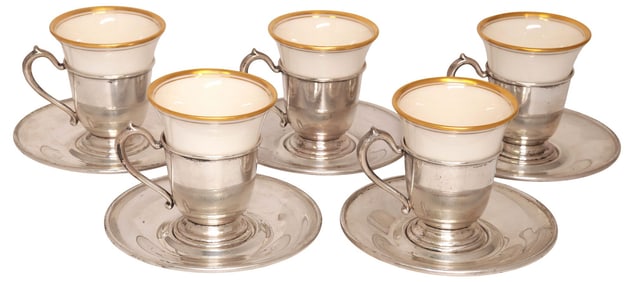 (LOT) GORHAM STERLING SILVER & PORCELAIN DEMITASSE CUPS & SAUCERS