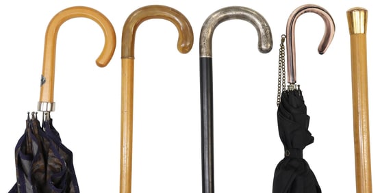 (5) VINTAGE WALKING STICKS & UMBRELLAS, SOME STERLING & 9KT GOLD HANDLES