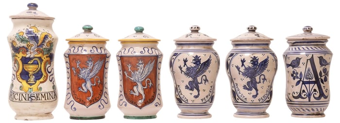 (6) ITALIAN MAJOLICA ALBARELLO / PHARMACY JARS