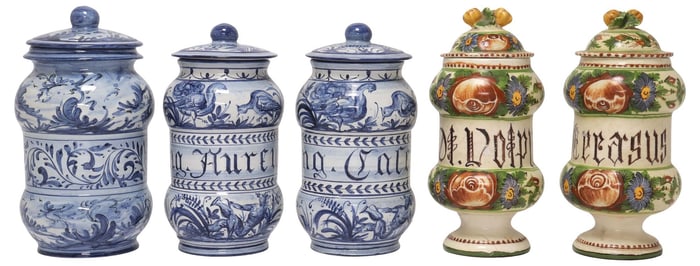 (5) ITALIAN MAJOLICA ALBARELLO / PHARMACY JARS, 3 IAMA ALBISOLA