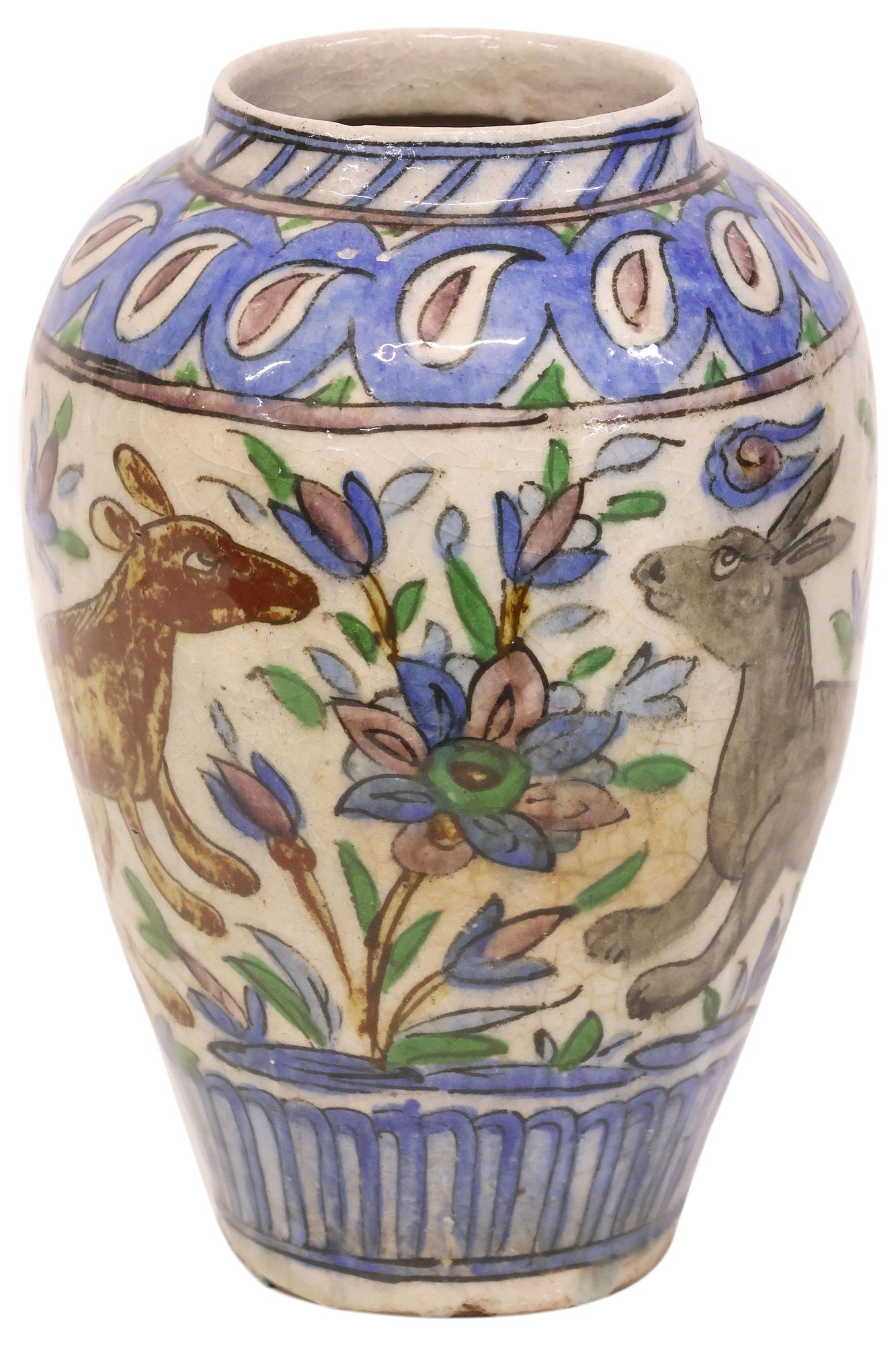 PERSIAN QAJAR POLYCHROME GLAZED POTTERY VASE / URN: Persian polychrome glazed pottery vase/ urn, Qajar period (1789-1925), having narrow rim over tapered body, depicting animals and flowering foliate motifs, overall crazing, approx 11.5"h, 7"diam, 4.5l