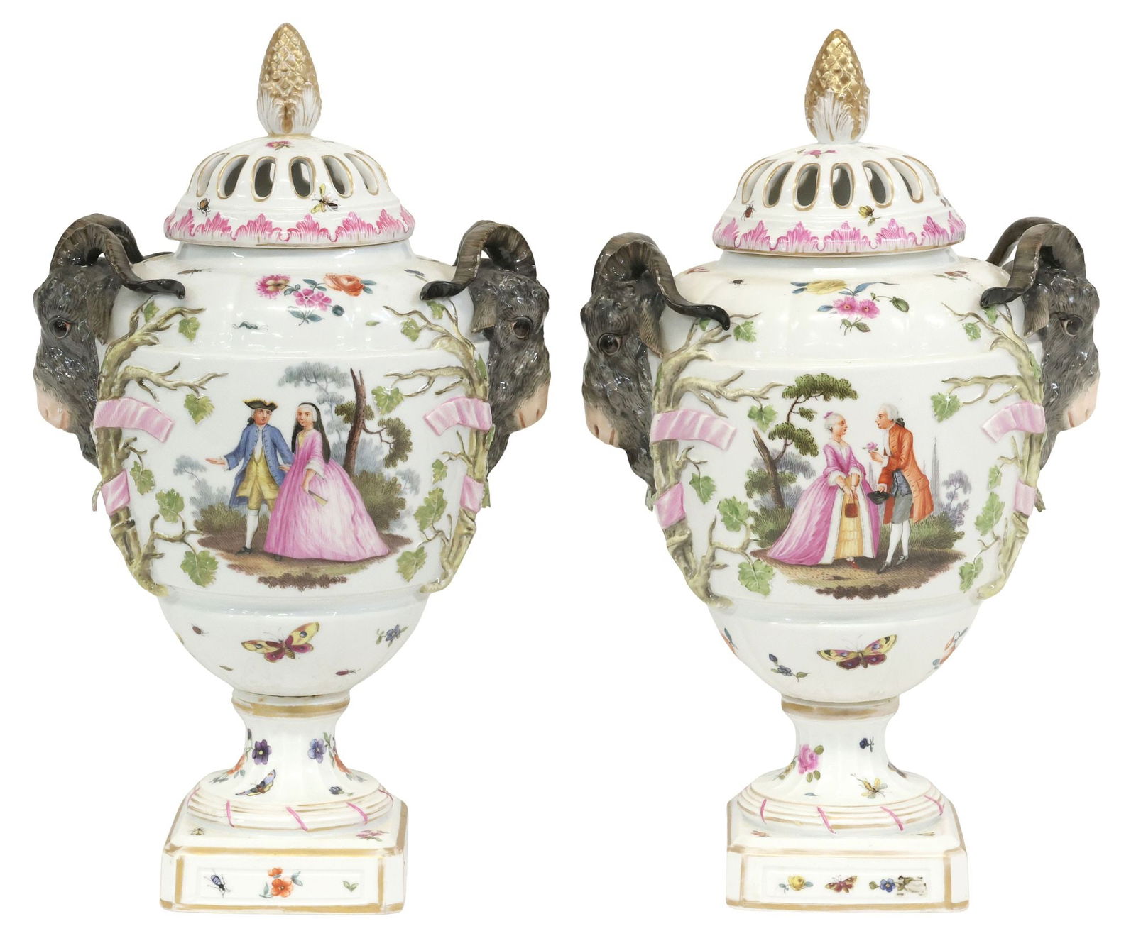 (2) BERLIN (K.P.M.) NEOCLASSICAL PARCEL-GILT PORCELAIN POTPOURRI VASES & COVERS: (pair) German parcel-gilt porcelain covered potpourri vases, K.P.M. (Konigliche Porzellan-Manufaktur), Berlin, early 20th c., having pierced cover with pineapple finial, lobed body with hand-painted f