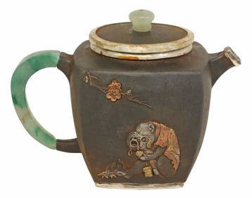 JAPANESE IRON-CLAD MIXED METAL & GREEN HARDSTONE TEAPOT