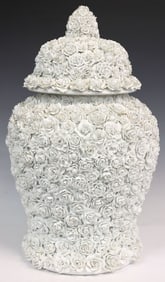 LARGE CHINESE BLANC DE CHINE FLOWER-ENCRUSTED PORCELAIN JAR / VASE, 25.5"H