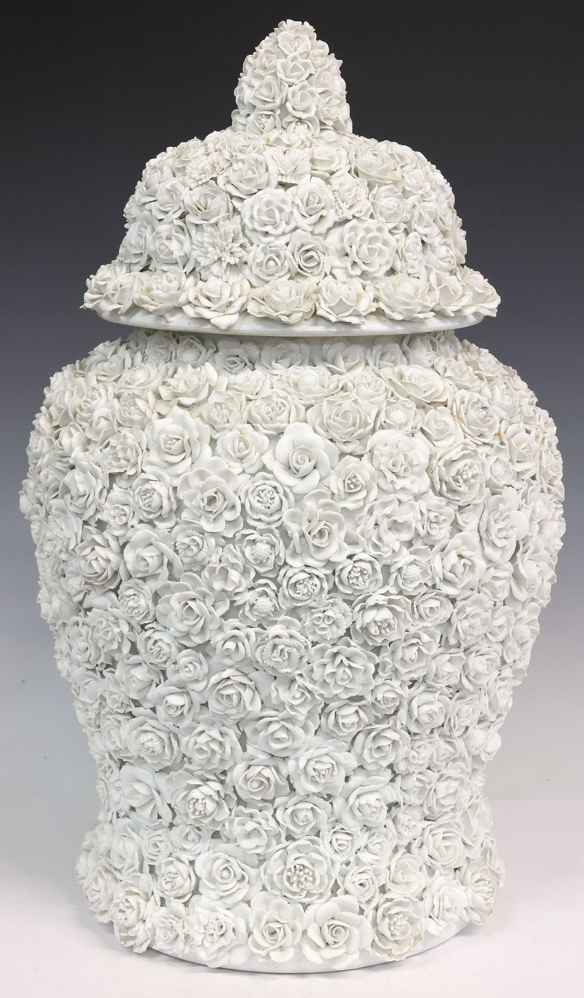 LARGE CHINESE BLANC DE CHINE FLOWER-ENCRUSTED PORCELAIN JAR / VASE, 25.5"H (1 of 4)