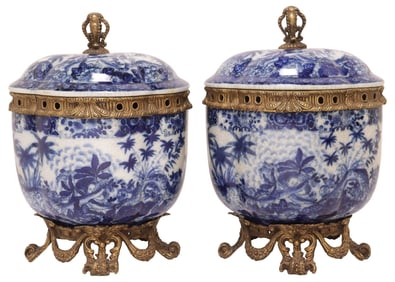 (2) CHINESE BRONZE MOUNTED BLUE & WHITE PORCELAIN LIDDED CACHEPOTS