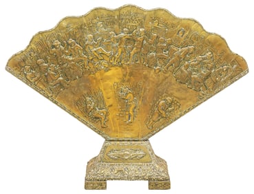 FRENCH BRASS-CLAD BAS RELIEF FANNED FIREPLACE SCREEN