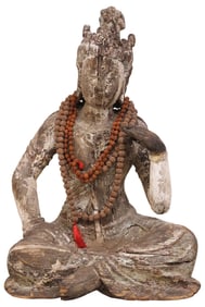 LARGE SOUTHEAST ASIAN SEATED BODHISATTVA CARVED WOOD SCULPTURE, 29"H