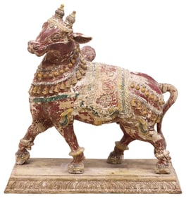 LARGE CARVED & PAINTED SCULPTURE OF SHIVA'S BULL NANDI, INDIA, 32.5"H
