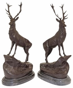 (2) AFTER JULES MOIGNIEZ LARGE PATINATED BRONZE STAGS