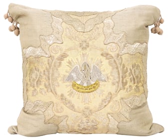 FINE THROW PILLOW WITH ANTIQUE 'PELICAN'S PIETY' LITURGICAL VESTMENT FRONT