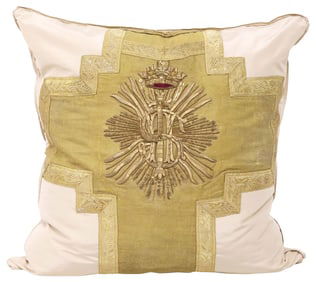FINE THROW PILLOW WITH ANTIQUE CHRISTOGRAM LITURGICAL VESTMENT FRONT