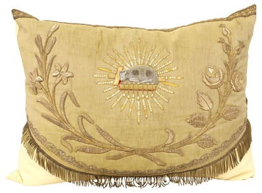 FINE THROW PILLOW WITH ANTIQUE  'AGNUS DEI' LITURGICAL VESTMENT FRONT