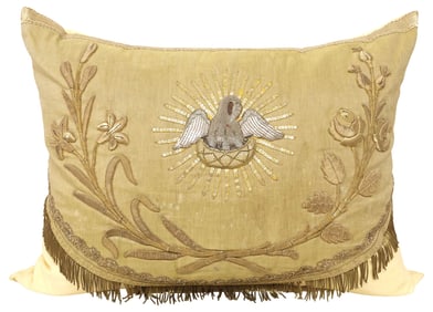 FINE THROW PILLOW WITH ANTIQUE 'PELICAN'S PIETY' LITURGICAL VESTMENT FRONT