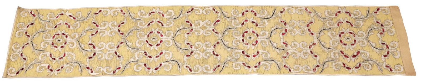 FINE LITURGICAL METALLIC THREAD EMBROIDERED ALTAR FRONTAL, 107"L: Continental liturgical altar frontal or antependium cloth, 18th/ 19th c., light yellow ground fabric woven with metallic threads, and goldwork embroidery executed in gold and silver metal threads, scr