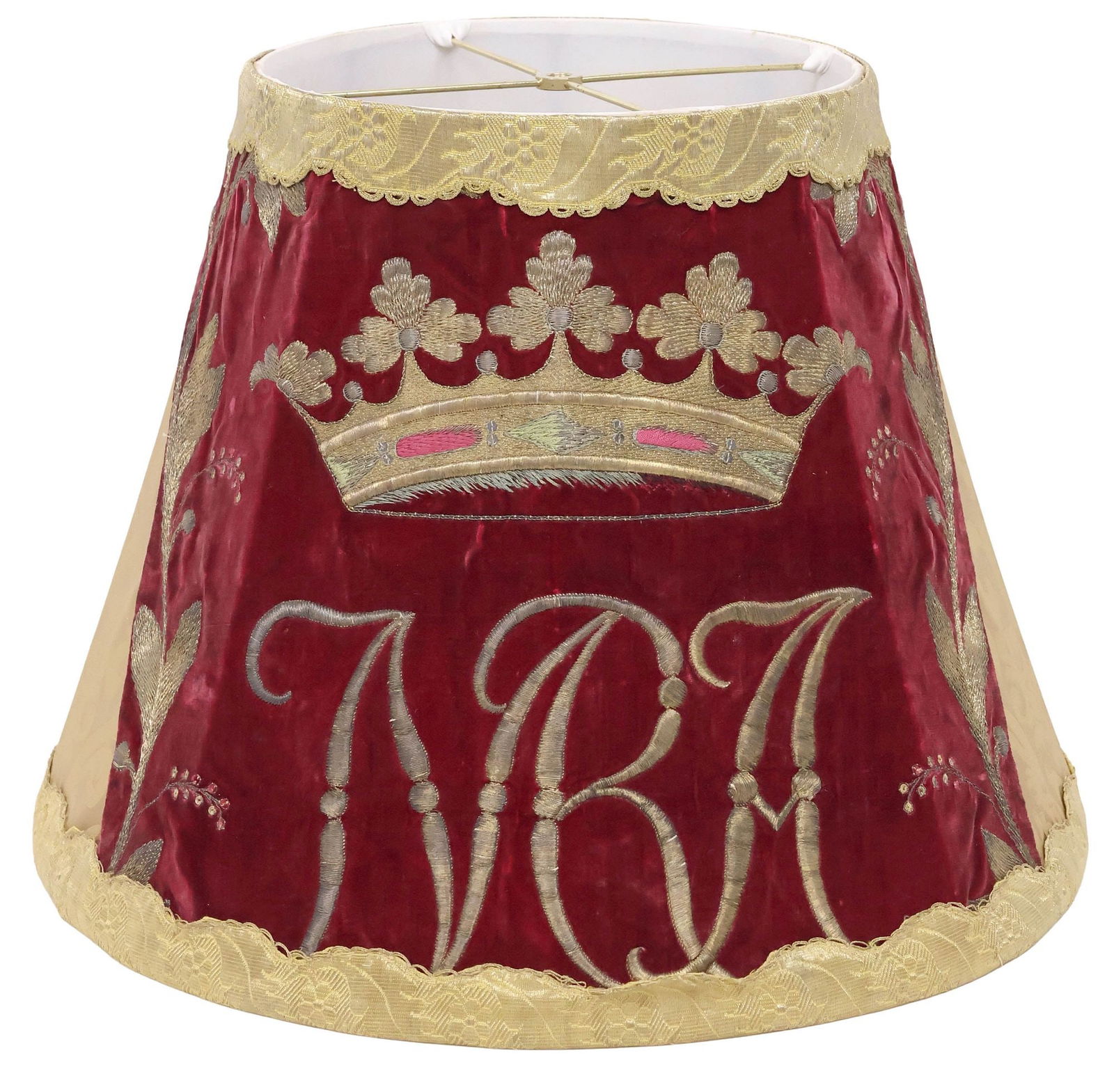 LARGE FINE SILK & VELVET LAMPSHADE WITH ANTIQUE LITURGICAL VESTMENT FRAGMENTS (1 of 3)