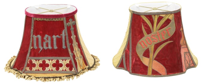 (2) FINE VELVET LAMP SHADES WITH ANTIQUE LITURGICAL VESTMENT FRAGMENTS