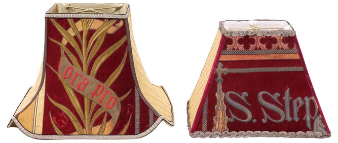 (2) FINE VELVET LAMP SHADES WITH ANTIQUE LITURGICAL VESTMENT FRAGMENTS