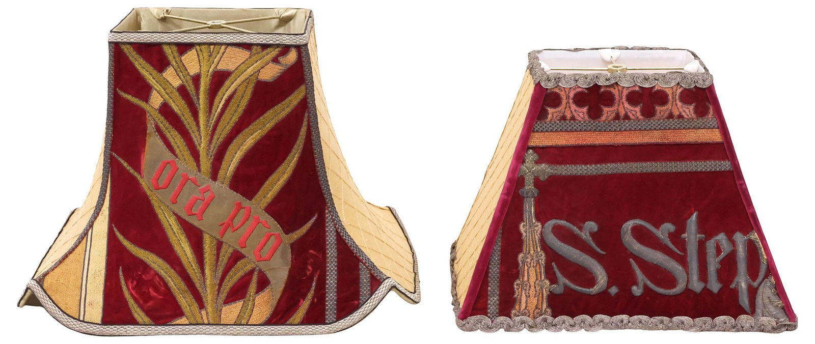 (2) FINE VELVET LAMP SHADES WITH ANTIQUE LITURGICAL VESTMENT FRAGMENTS (1 of 4)