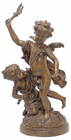 LARGE AFTER AUGUSTE MOREAU BRONZE SCULPTURE, BLINDFOLDED CUPID, 22.5"H